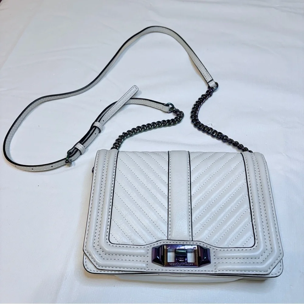 Rebecca Minkoff Ivory Chevron Quilted Small Love Crossbody with Iridescent metal